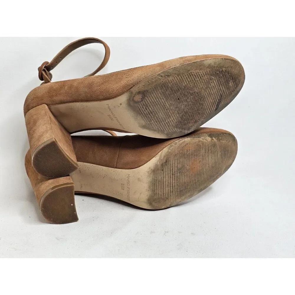 Marc Fisher Tan Maryjane Platform Suede‎ Block Heels Ankle Strap Womens Size 9.5